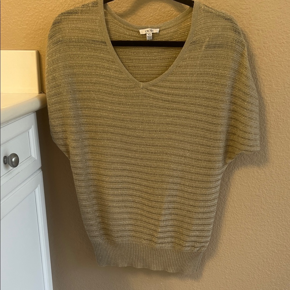Cache Metallic Gold V-Neck Short Sleeve Sweater